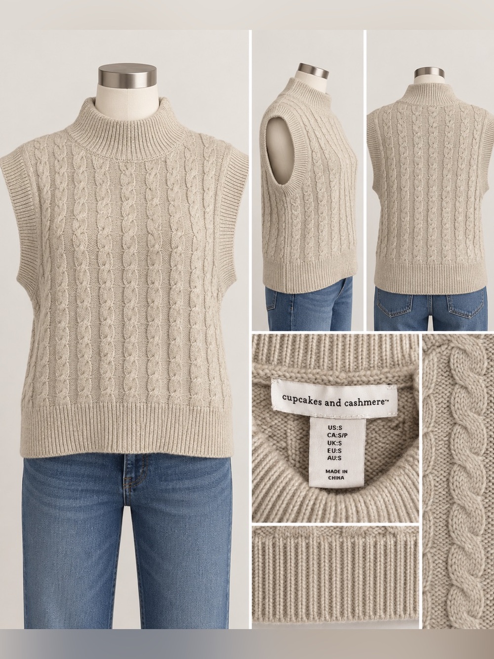 Cupcakes and Cashmere Sweater Vest Women’s Small Oatmeal Cable Knit Mock Neck